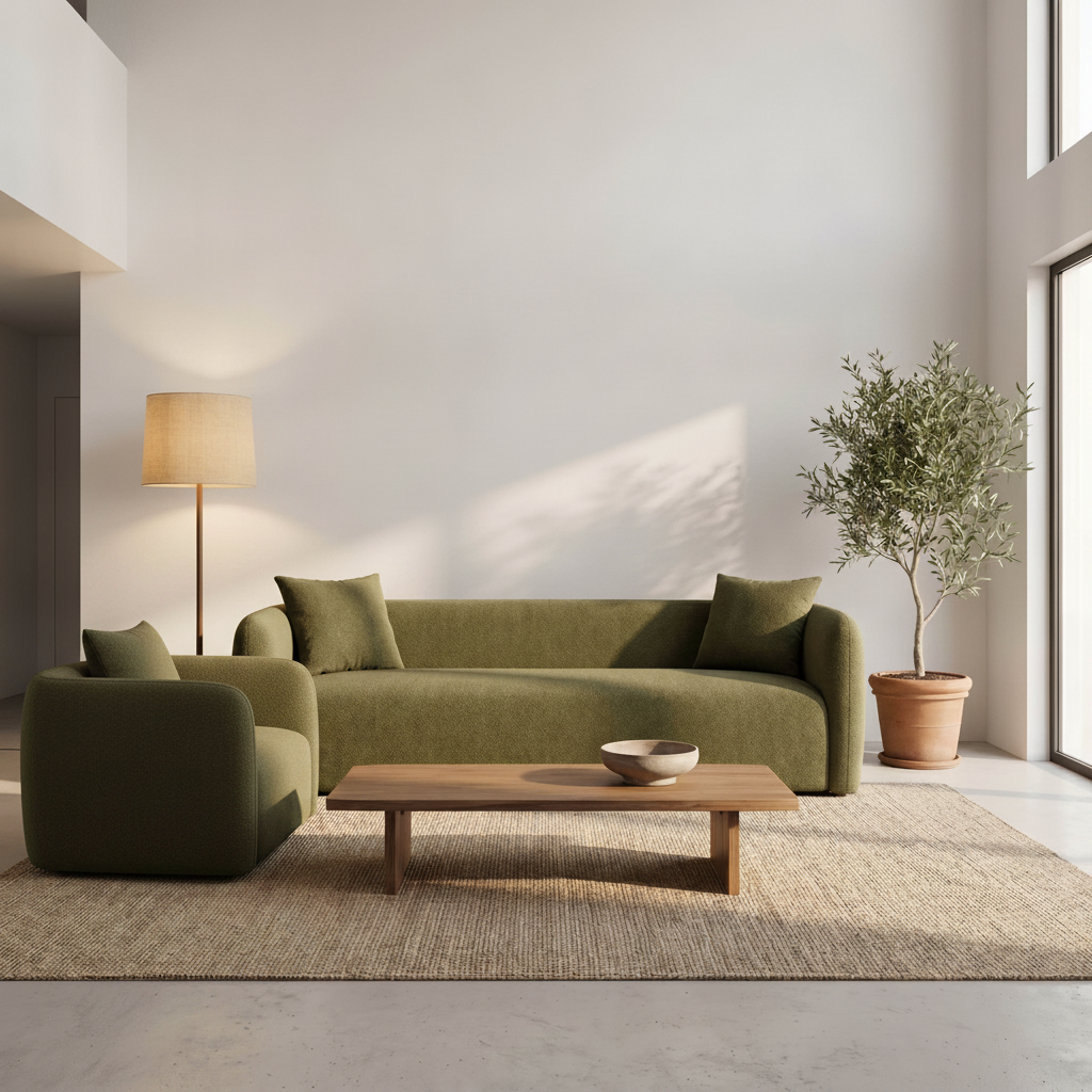 The Scarlett Sofa with matching Loveseat, olive-green bouclé, sold as a set